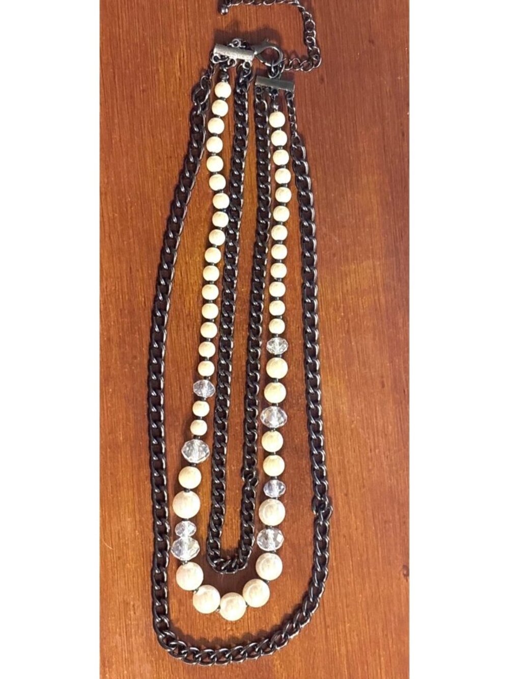 Apt. 9 Layered Gunmetal Chain Necklace With Faux Pearls & Faceted Beads Adjustab